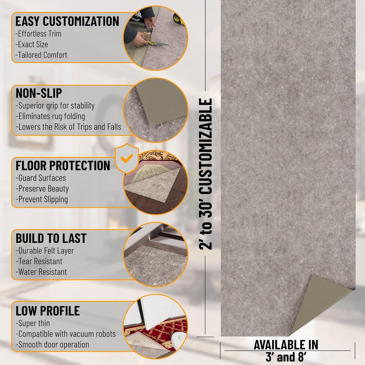 Ottomanson 3' x 4' Non-Slip Rug Pad Gripper 1/4 Inch Thick Dual Surface Felt + Rubber Gripper - Safe for All Floors, Brown