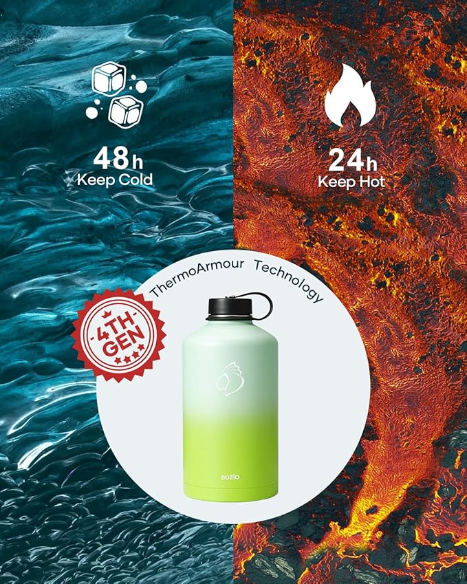 BUZIO 128oz Gallon Water Bottle, Insulated Water Jug with Straw Lid and Carrying Sleeve (Cold for 48 Hrs) Stainless Steel Hydro Metal Canteen Water Flask, Gradient Green