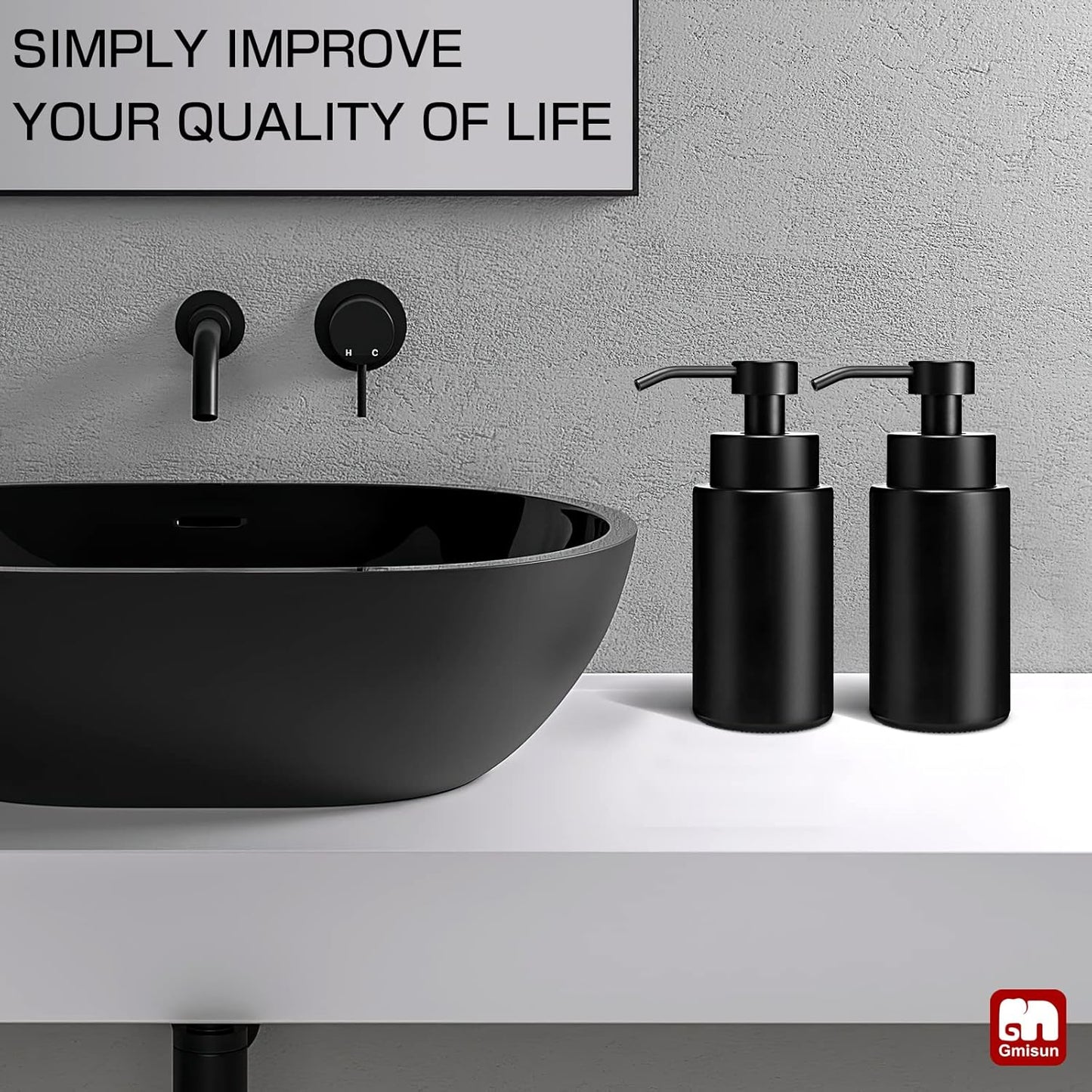 GMISUN Foaming Soap Dispenser, 10 Fl oz/300 ml Matte Black Glass Foaming Hand Soap Dispenser, 2Pcs Hand Soap Dispensers for Bathroom & Kitchen, Refillable Foam Soap Pump Bottle with Waterproof Labels