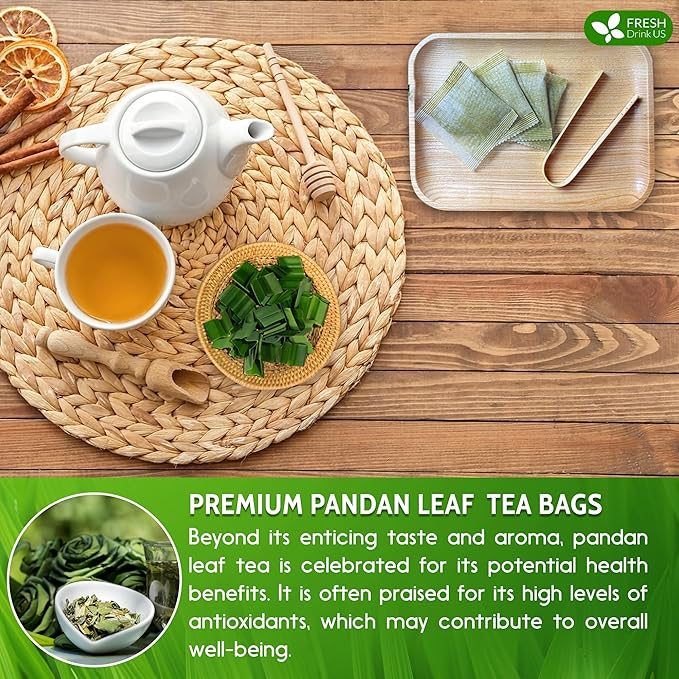 FreshDrinkUS, Premium 55 Pandan Leaf Tea Bags, 100% Natural & Pure from Pandan Leaves. Loose Leaf Pandan Herbal Tea. Made with Natural Material Tea Bags. No Sugar, No Caffeine, No Gluten, Vegan.