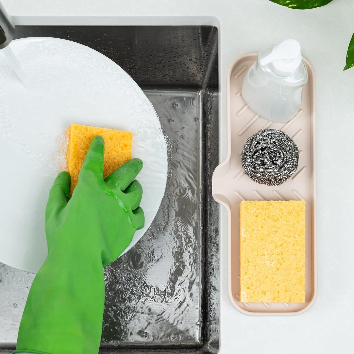 Zulay Kitchen Large Silicone Sponge Holder (12x4) – Flexible Sink Organizer Tray for Kitchen & Bathroom – Multipurpose Soap Dish for Sponges, Makeup, Trinkets & More (Ivory)