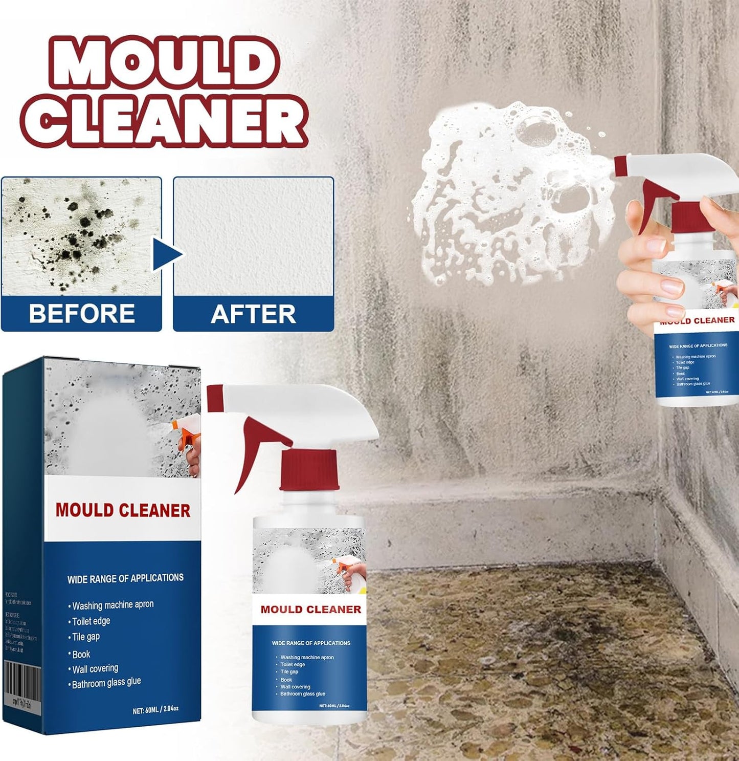 Mould Cleaner Spray Powerful Foam Cleaning Spray | Multi-Surface Fast-Acting Stain Remover for Kitchen, Bathroom, Wall and Tile Cleaning, No Scrubbing Required (3, 2.04oz*3)