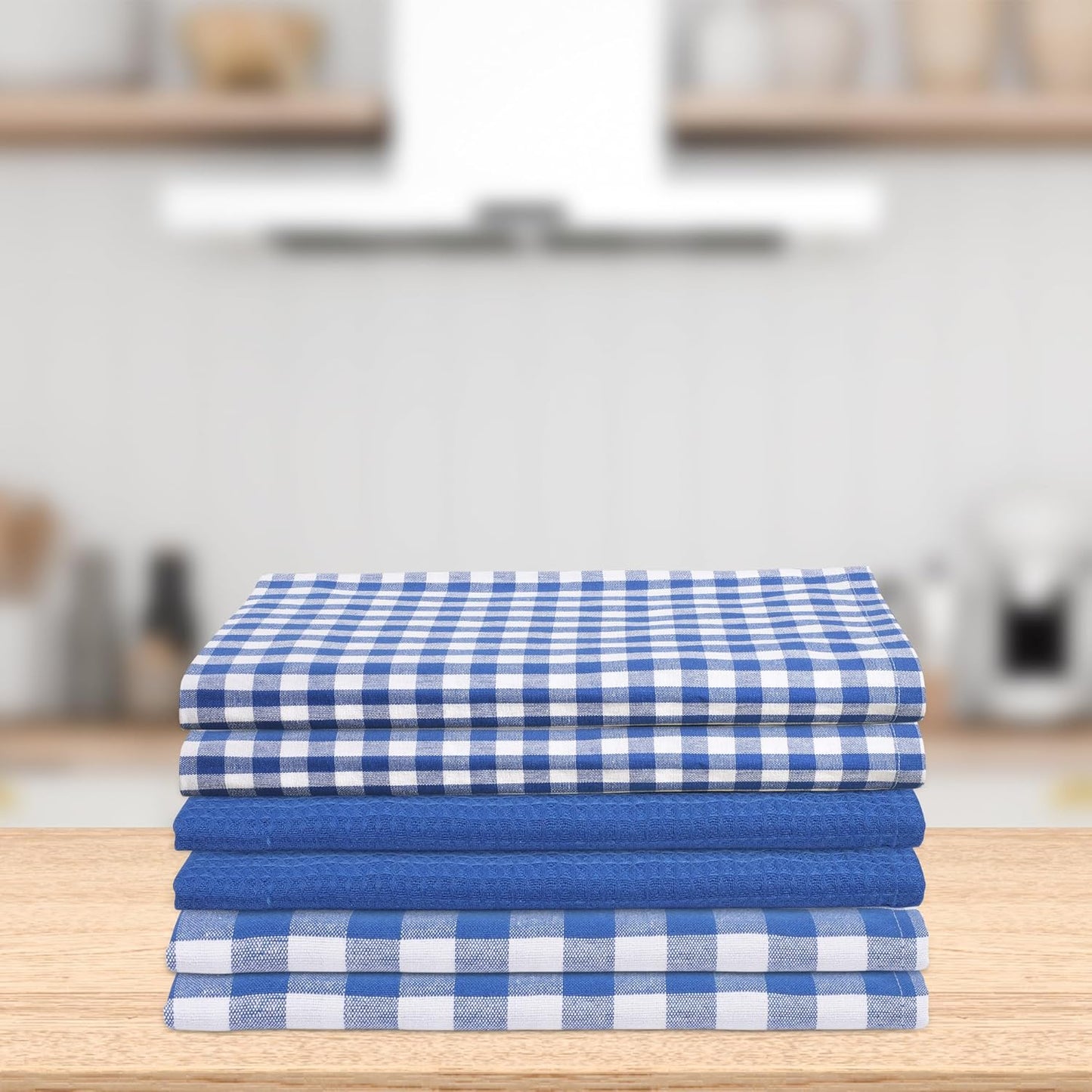Kitchen Towels Set of 6 Soft Premium Cotton Highly Absorbent Dish Towels 18x28 Inches, Washable & Reusable Tea Towel, Quick Drying Dish Cloths with Hanging Loop - Blue/White, Checks