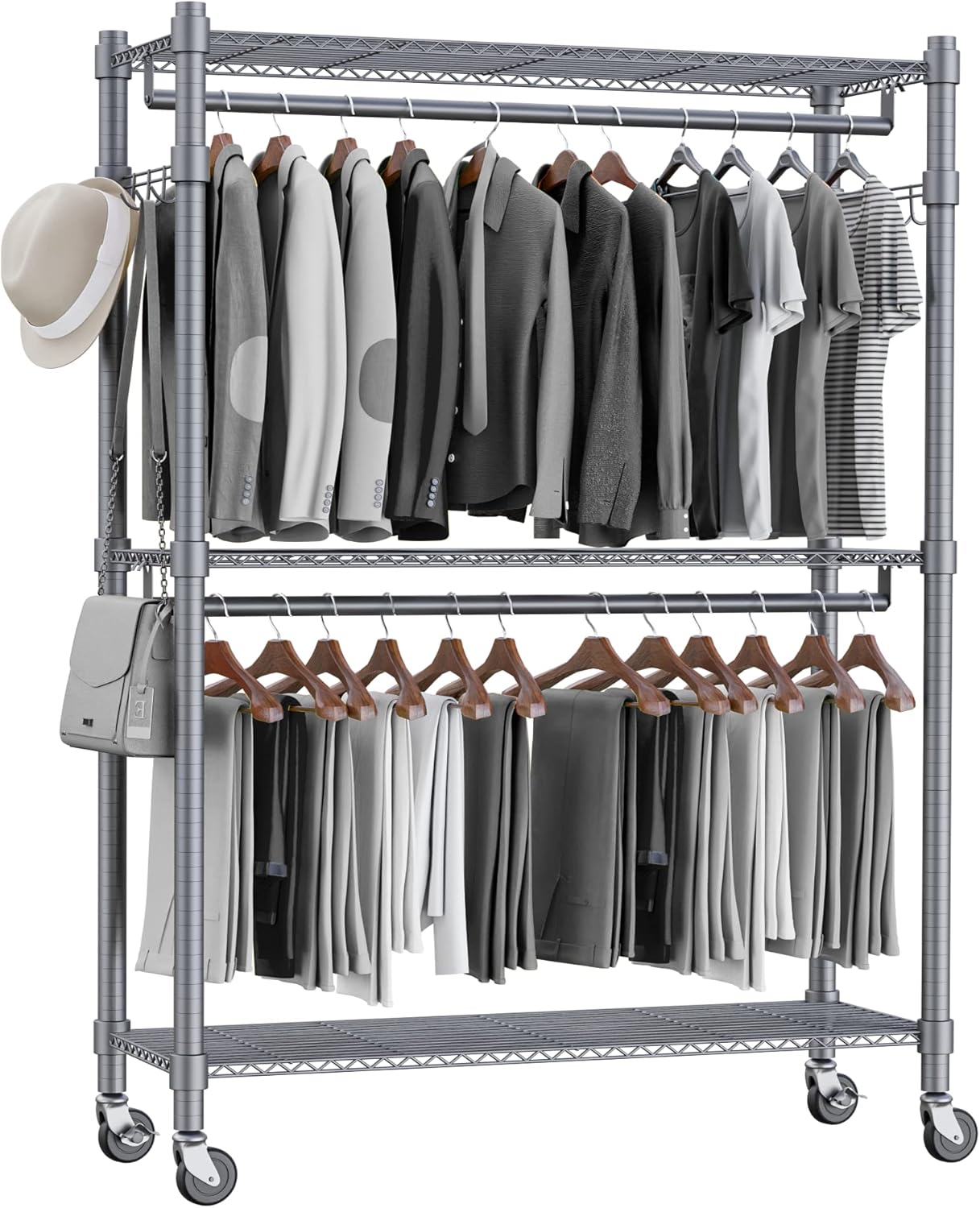 Homdox Rolling Clothes Rack Heavy Duty, 3-Tier Adjustable Wire Shelving Garment Organizer with Double Rods & Hooks, Portable Clothes Rack with Wheels, 17.72" D x 47.24" W x 80.71" H, Grey