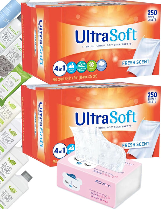 500 Single Laundry Dryer Sheets(6.4"x9")w/ Easy Dispenser Box Packaging,Household Premium 4 in 1 Fabric Softener Fresh Scent,Drive Clothes Ultra Soft,Plus 100 Pulls ZNRO 4-Ply 6.1"x6.9" Facial Tissues