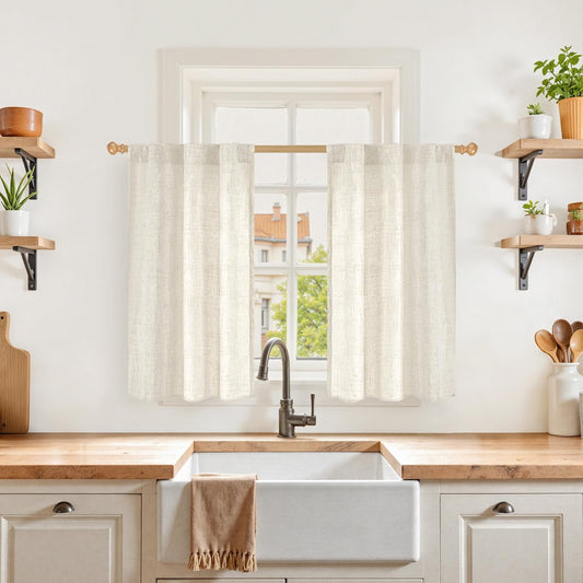 YoungsTex Boho Linen Curtains 36 Inch Length for Kitchen Cafe Window, Semi Sheer Half Window Drapes with Rod Pocket Back Tab Light Filtering Short Curtain for Bathroom, 2 Panels, 30 X 36 Inch