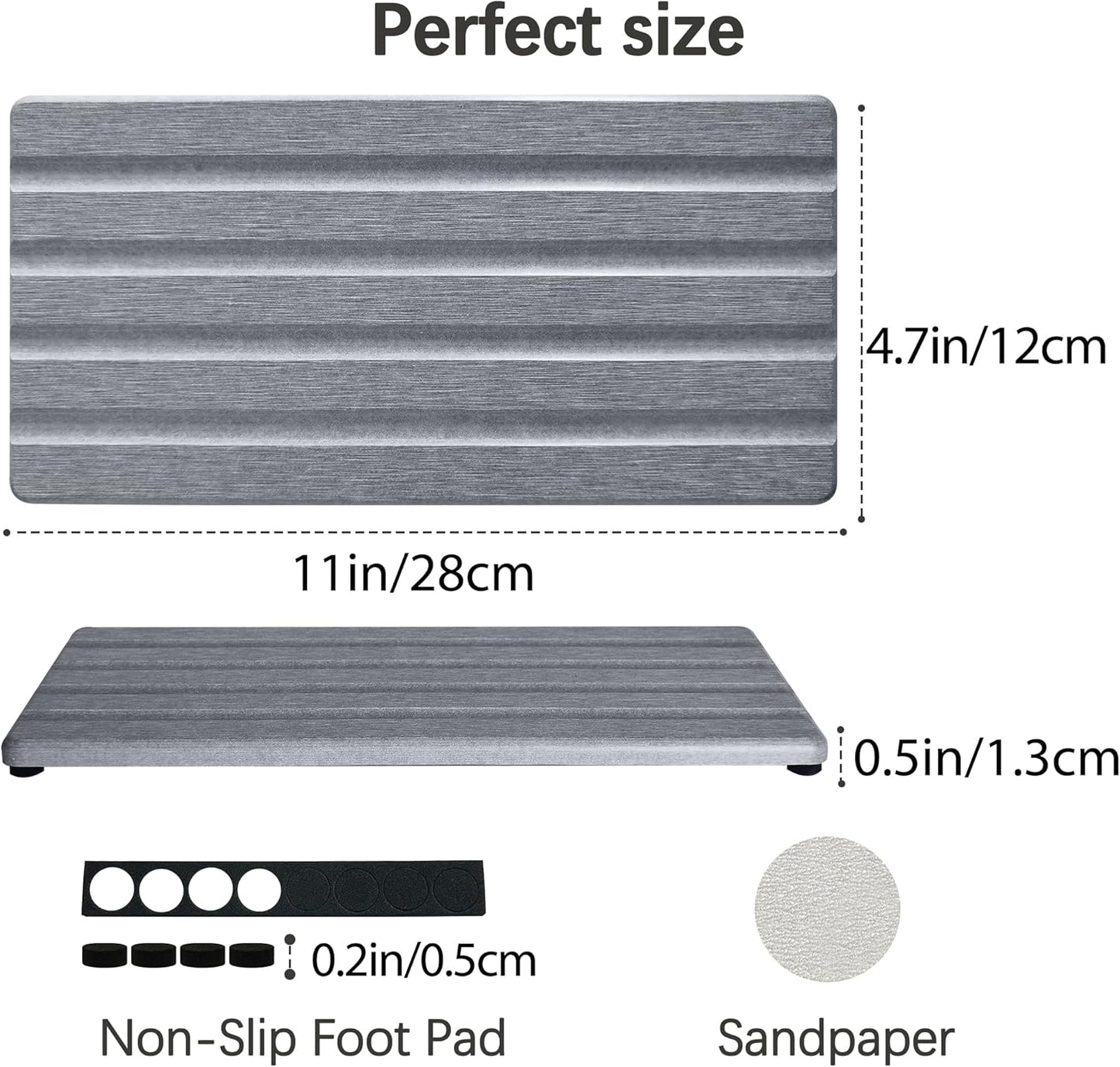 Diatomite Soap Dish, Water Absorbing Stone Tray, Kitchen Sink Organizer, Fast Drying Counter Holder (Grey, 11" x 4.7"/28 x 12cm)