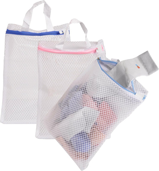 3 Pack Hanging Mesh Laundry Bags with S Metal Hooks,10x12 Inch Hanging Socks Laundry Bags, for Washing Machine