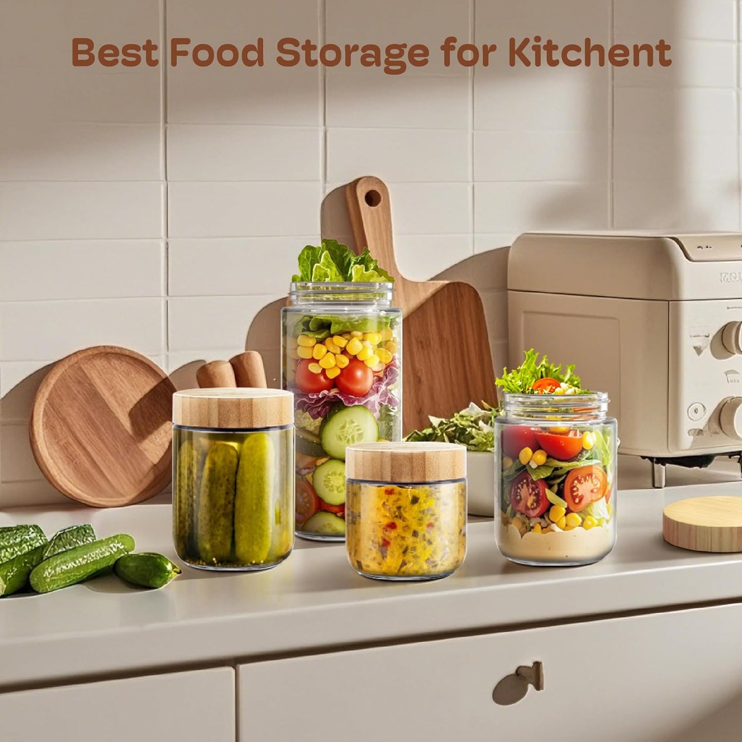 2 Pack 16oz Overnight Oats Containers with Bamboo Lids, Glass Jars with Airtight Lids for Meal Prep, Wide Mouth Mason Salad Jars, Glass Food Storage Container for Yogurt Chia Snacks Spice Sugar