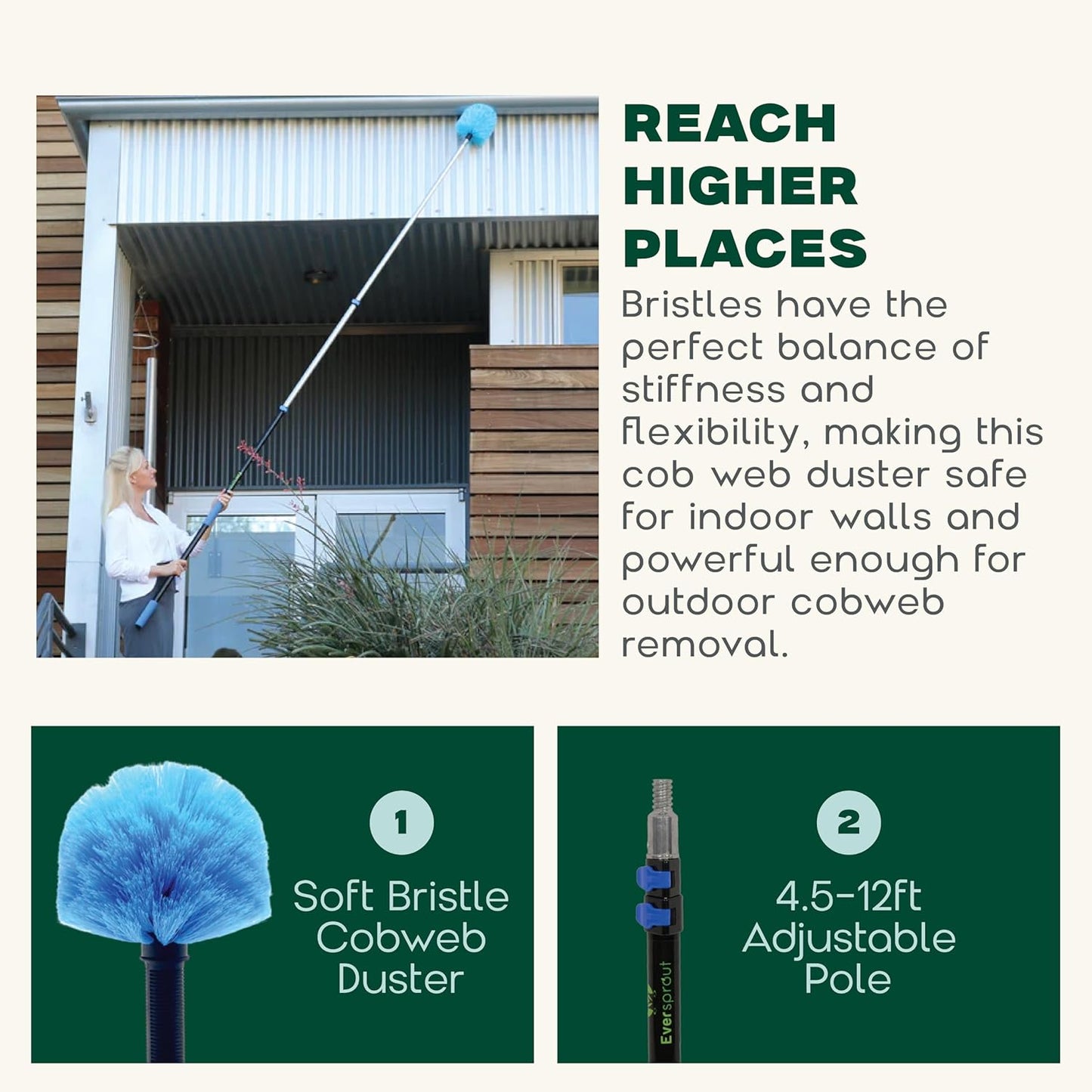 EVERSPROUT 1.5-to-3 Foot Cobweb Duster and Extension-Pole Combo (8-10 Ft Standing Reach, Soft Bristles) | Hand Packaged | Lightweight, 3-Stage Aluminum Pole | Indoor & Outdoor Use Brush Attachment