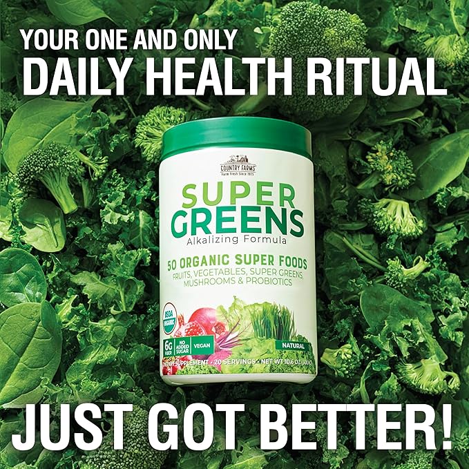 COUNTRY FARMS Organic Super Greens Natural Flavor, 50 Organic Super Foods, Packed with Fiber, USDA Organic Drink Mix, Fruits, Vegetables, Mushrooms & Probiotics, Supports Energy, 6g Fiber