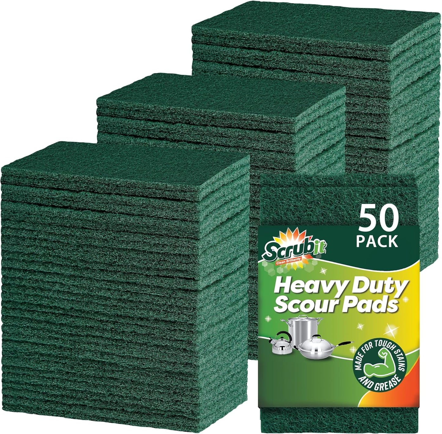 SCRUBIT Scouring Pads - Heavy Duty Scrub Pads for Cleaning Dishes - Non-Scratch - Reusable - Green (50)