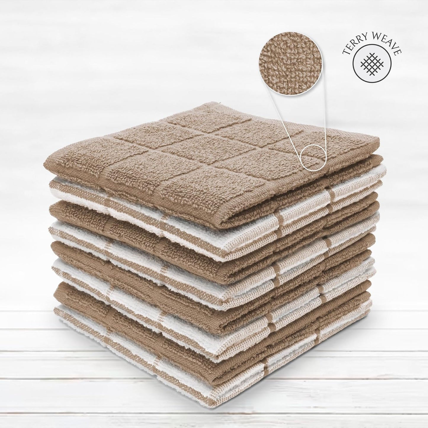 100% Cotton Terry Dish Cloth & Dish Towel, 6 Pack, Super Soft and Absorbent Kitchen Towels, Perfect for Kitchen Cleaning and Dish Washing (TAN (Solid and Checks) 8 Pack)