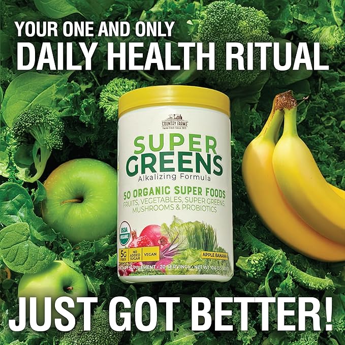 Country Farms Organic Super Greens Apple Banana Flavor, 50 Organic Super Foods, Packed with Fiber, USDA Organic Drink Mix, Fruits, Vegetables, Mushrooms & Probiotics, Supports Energy, 5g Fiber