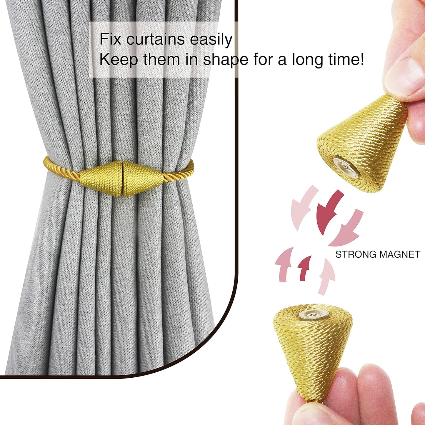 4 Pack Magnetic Curtain Tiebacks Rope Modern Handmade Curtain Tie Backs Decorative Drapes Weave Holdbacks for Window Décor, Gold