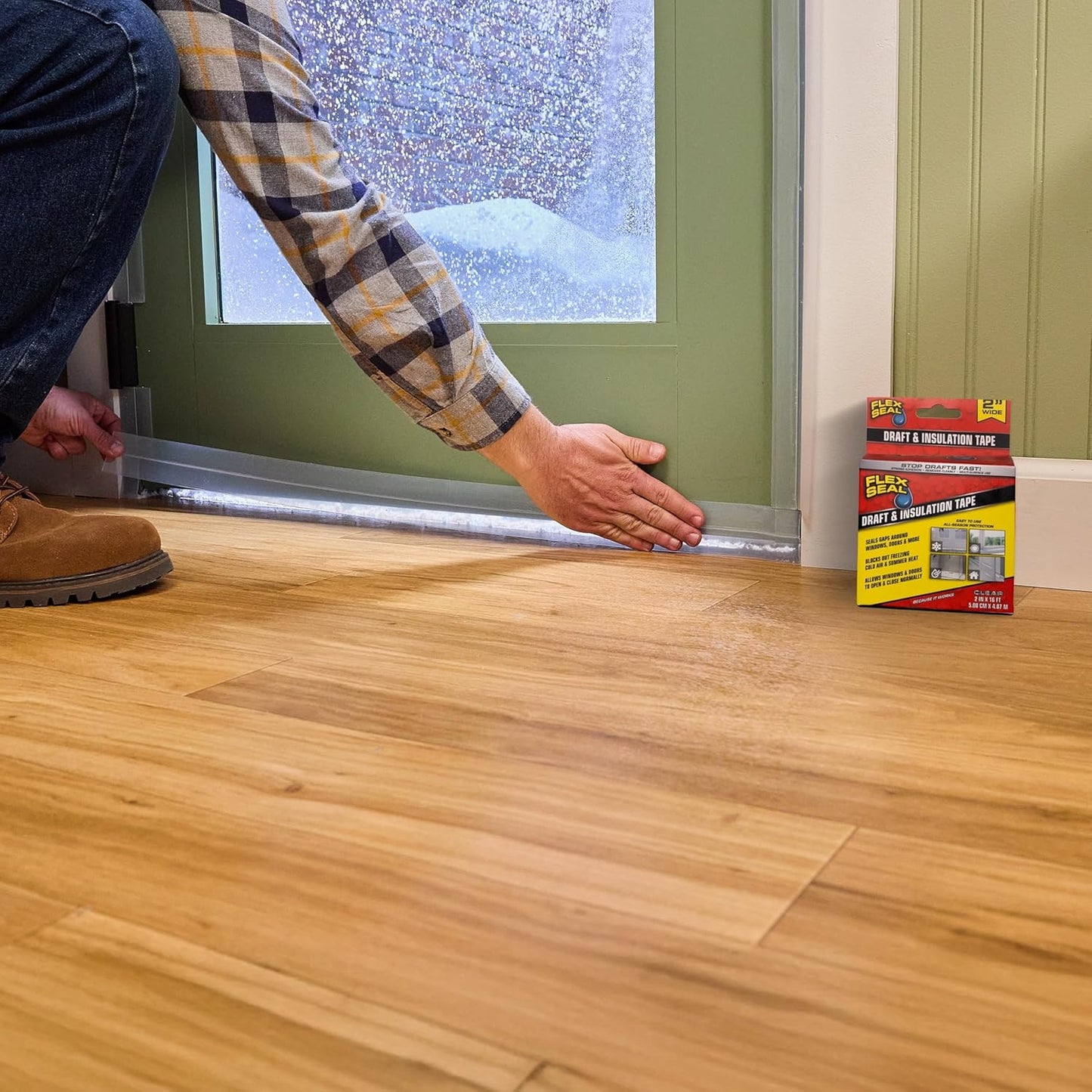 Flex Seal Draft and Insulation Sealing Tape, Flexible, Rubberized, Weatherproof Strip for Windows, Doors, Vents, Works on Wood, Glass, Tile, Metal, Plastic, Fiberglass, Clear, 2 in x 16 ft, Pack of 1