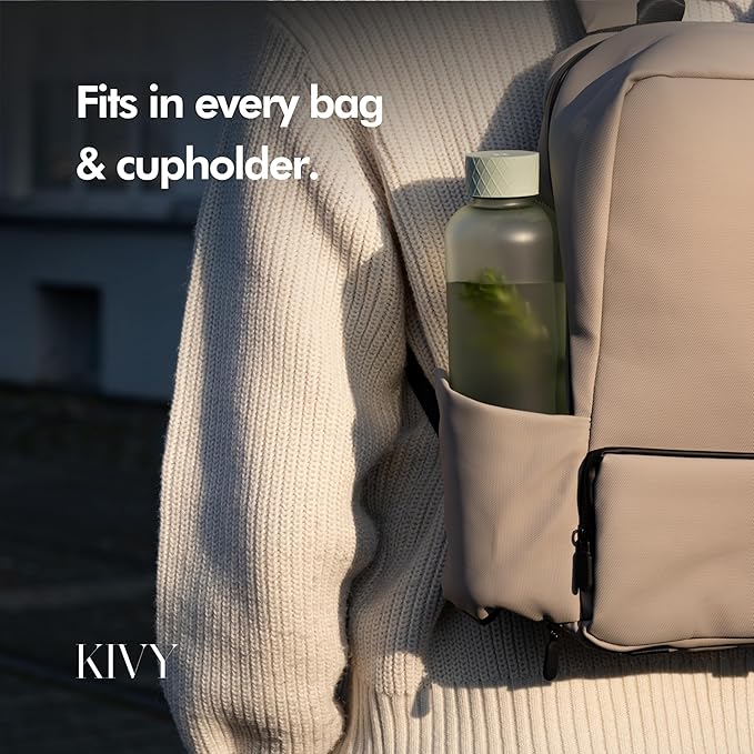 KIVY Slim Water Bottle 32oz [Lightweight & Shatterproof] Fits Backpack & Cupholder for Travel, Sports, School, Gym - Clear water bottle with measurements - Transparent Tritan Beige - Dishwasher Safe