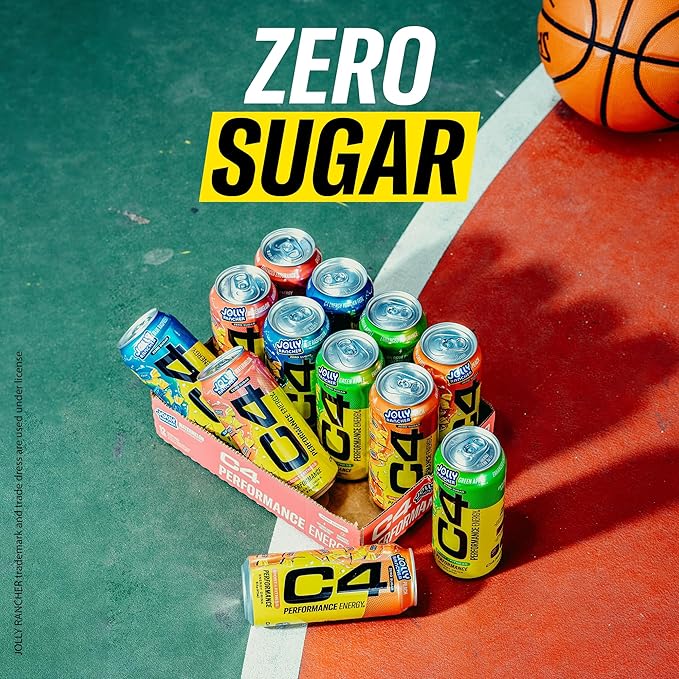 Cellucor C4 Performance Energy Drink | JOLLY RANCHER Blue Raspberry | Zero Sugar Carbonated Preworkout Energy | 200mg Caffeine with Beta Alanine | 16 Fl Oz (12 Pack)