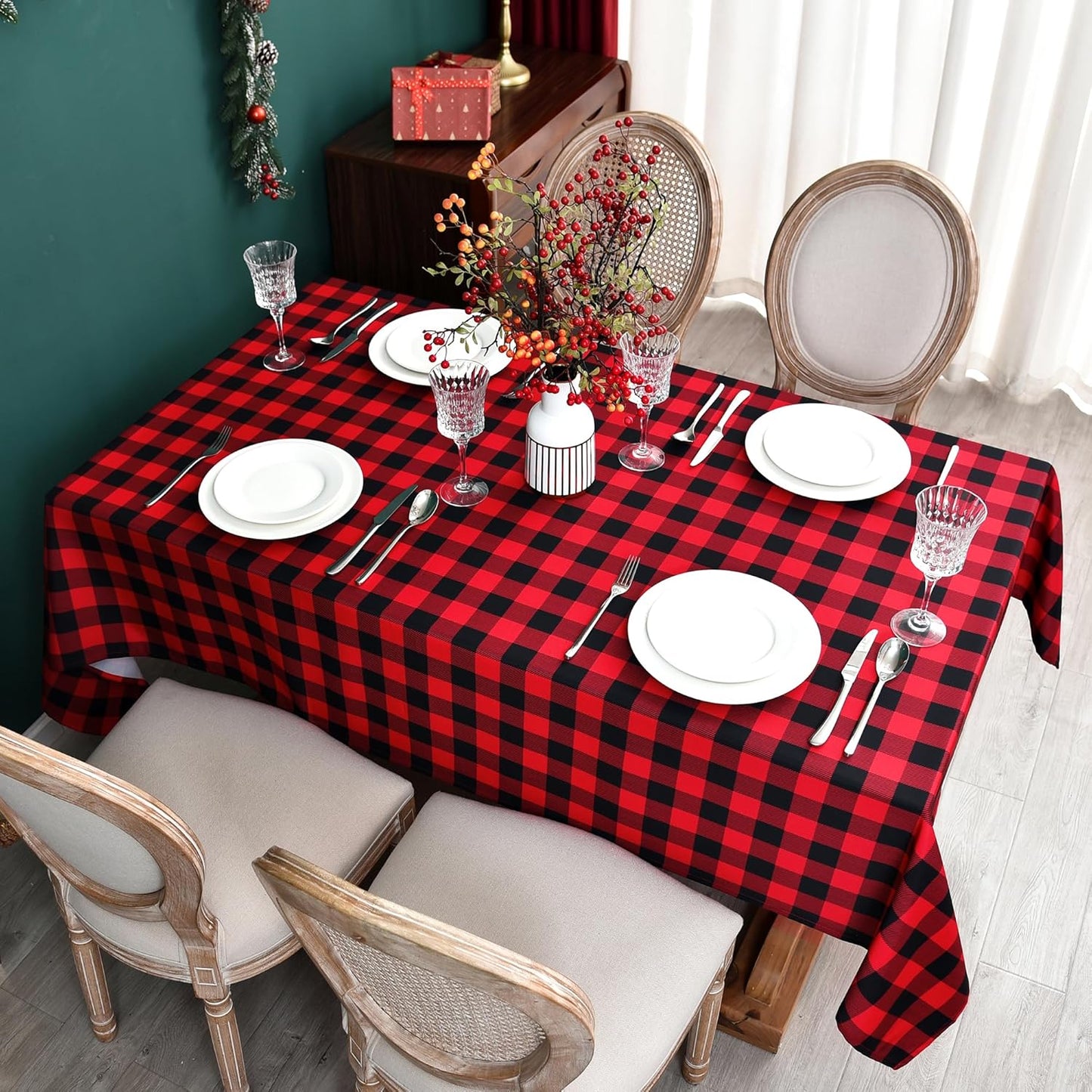 Gingham Xmas Tablecloth Fabric - Oblong 58x120 Water Resistant Christmas Plaid Table Cloth for Indoor/Outdoor Use - Red Tabletop Cover Perfect for Birthday, Picnics, Gardens