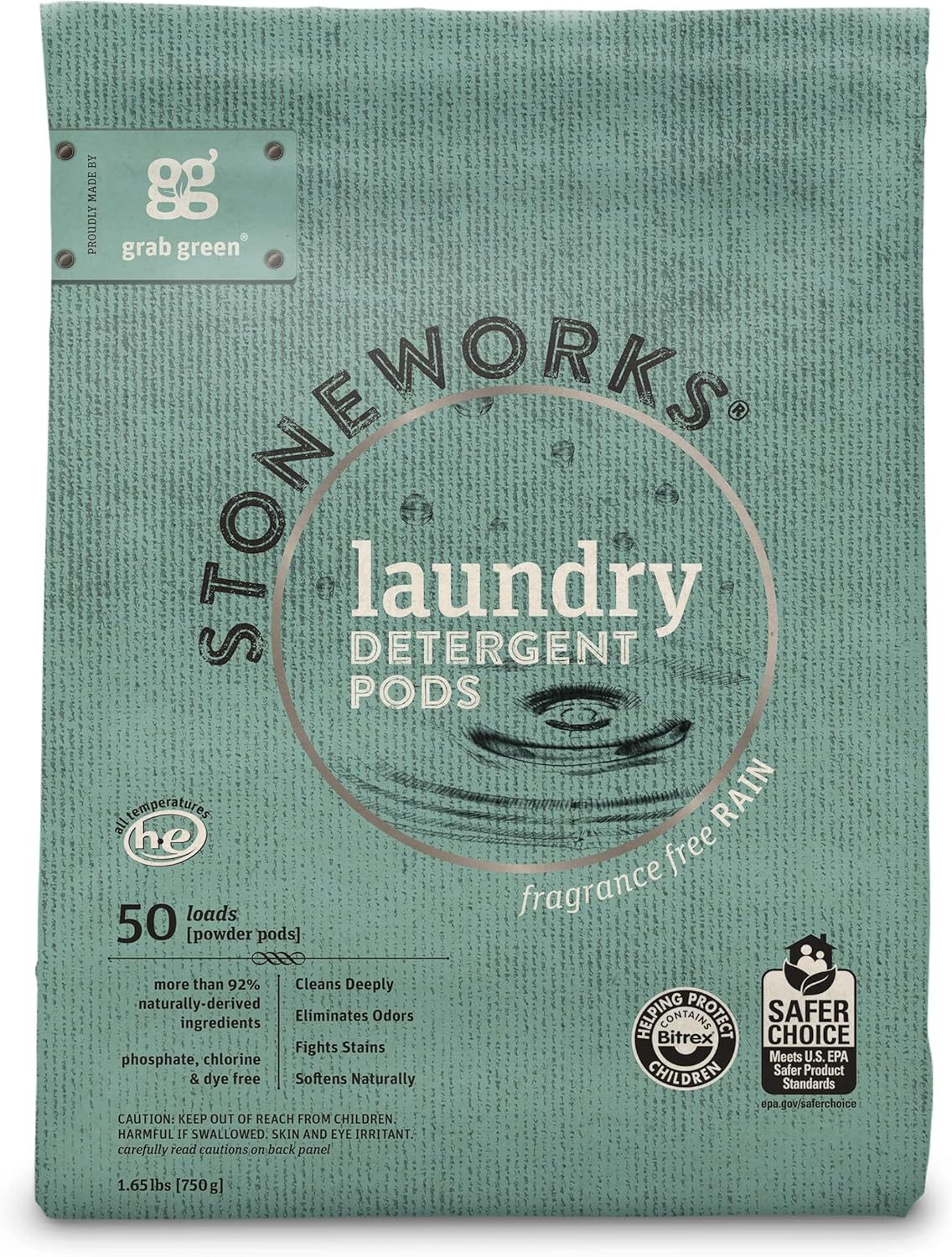 Grab Green Stoneworks Laundry Detergent Pods and Dryer Sheet Bundle, 50 Count Pods and 80 Dryer Sheets, Fragrance Free Rain Scent, Plant and Mineral Based Laundry Care Set