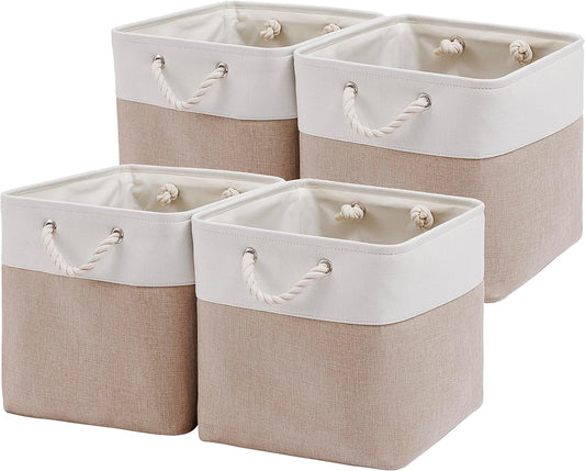 13 x 13 Inch Cube Storage Bins, 4 Pack Large Collapsible Fabric Storage Bin with Ropes, Foldable Storage Cubes for Home, Office,Closet, Clothes, Toys Organizer (White & Beige)