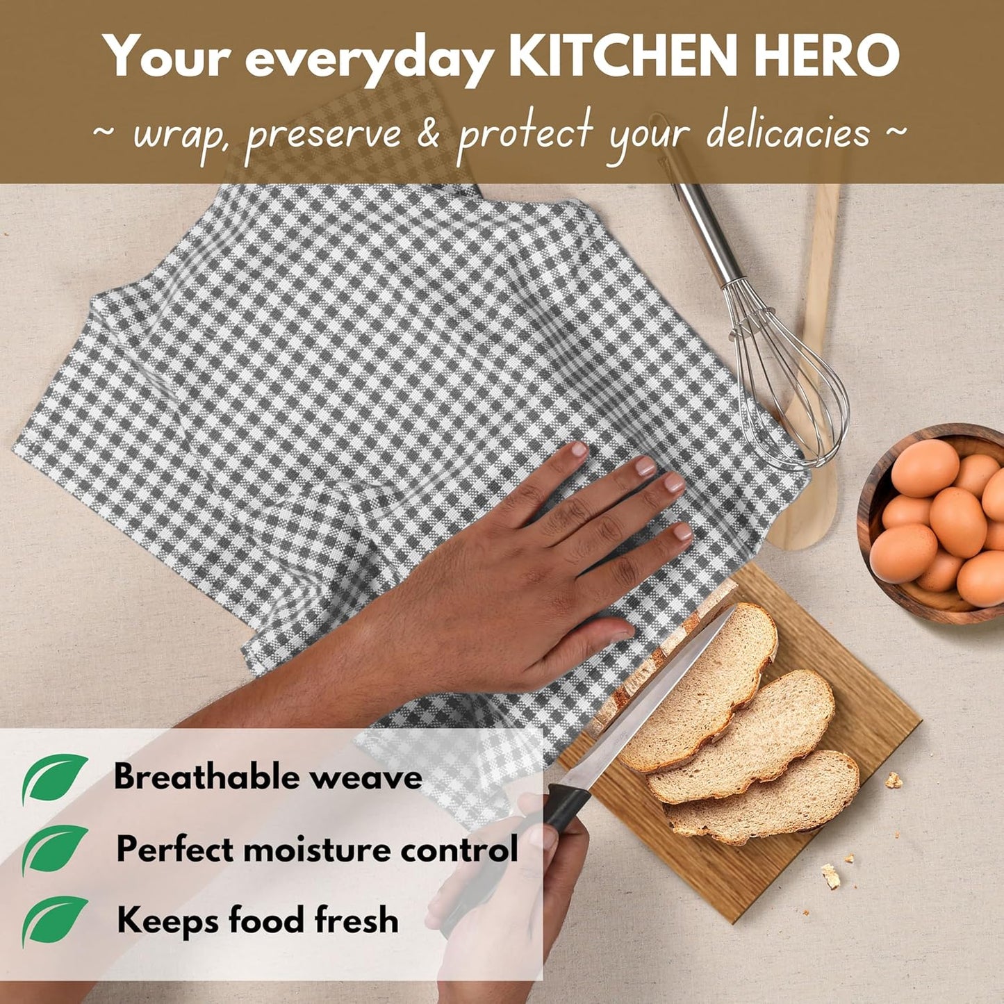 Native Fab 12 Pack Gingham Mini Check Kitchen Dish Towel Cotton Durable Washable 16"x26" - Tea Towels, Soft Absorbent Wash Cloths, Multi Purpose Towels with Hanging Loop - Grey White