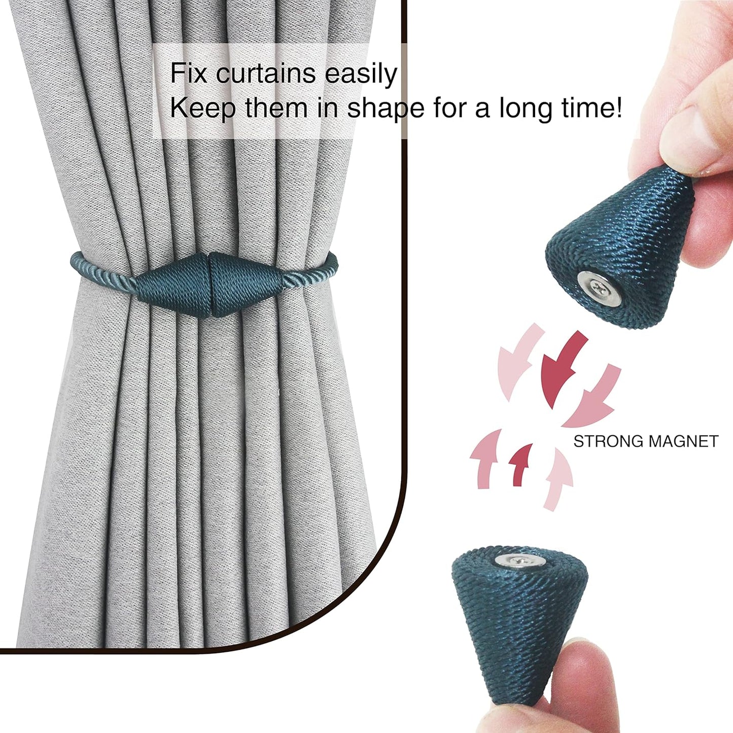 6 Pack Magnetic Curtain Tiebacks Rope Modern Handmade Curtain Tie Backs Decorative Drapes Weave Holdbacks for Window Décor, Blue