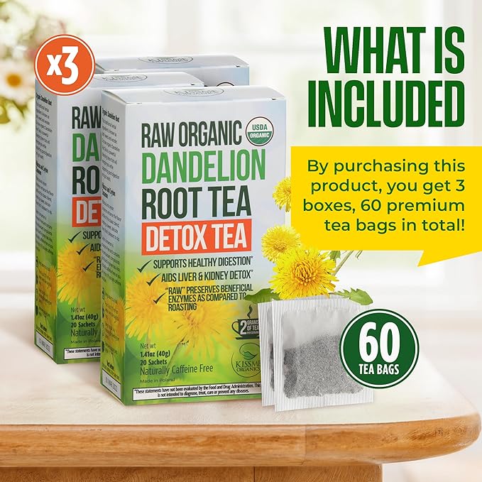 Dandelion Root Tea - Raw Organic Herbal Tea, Caffeine Free, 60 bags