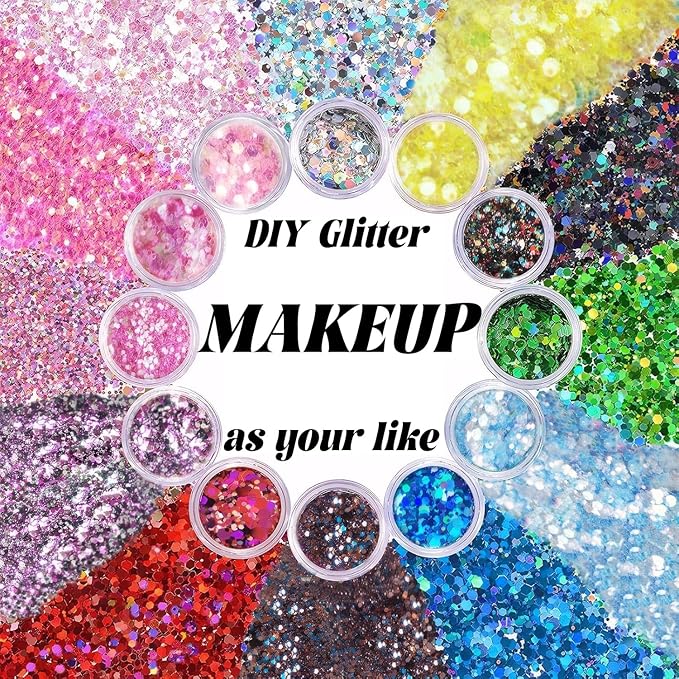 Body Glitter Face Glitter, Hair Glitter for Kids, 12 Shapes Fine Chunky Glitter Gel for Women Girls Makeup Sparkles Party Mermaid Sequins Rave Accessories Singer Concerts Festival (Blue Scheme)