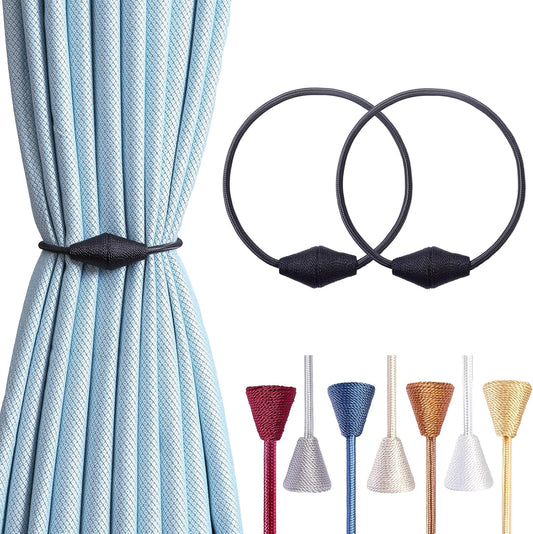 2 PCS Magnetic Curtain Tiebacks, European Style Convenient Drape Tie Backs Holdbacks for Thin or Thick Home & Office Window Draperies, No Tools Required-Black