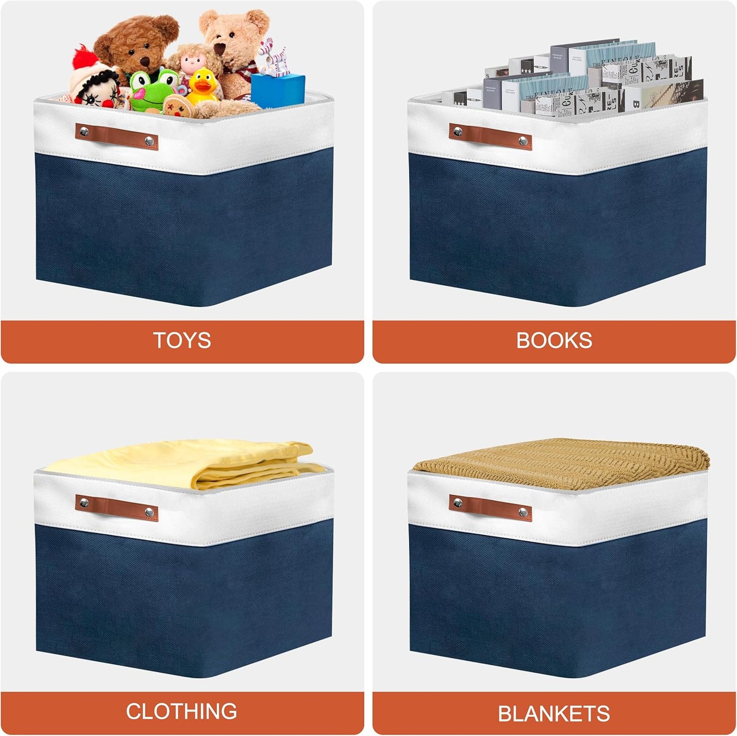 13in Open Fabric Storage Basket with Leather Handles for Organizing, Collapsible Linen Closet Bins for Shelves, Closets, Laundry, Decorative Basket for Gifts. (White＆Blue, 2PCS/13x13in)