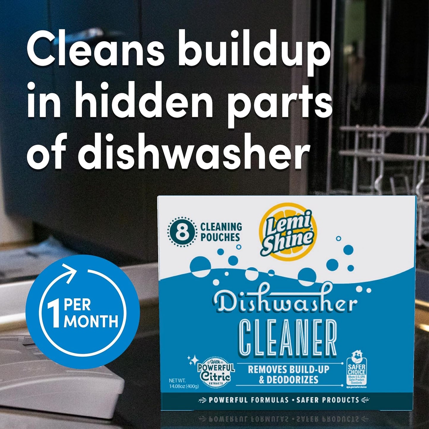 Lemi Shine Natural Dishwasher Cleaner - Hard Water Citric Acid Cleaning Powder - Lemon Scented Eco-Friendly Dishwasher Cleaner & Deodorizer - 14.08 oz (8 Pack)