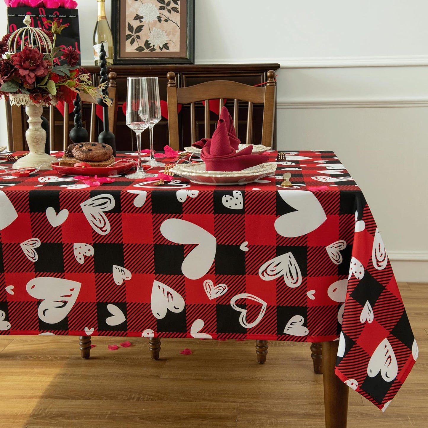 Valentine's Day Tablecloth Fabric - Oblong 58x120 Water Resistant Love Themed Plaid Table Cloth for Indoor/Outdoor Use - Love Heart Romantic Gifts Perfect for Birthday, Picnics, Parties