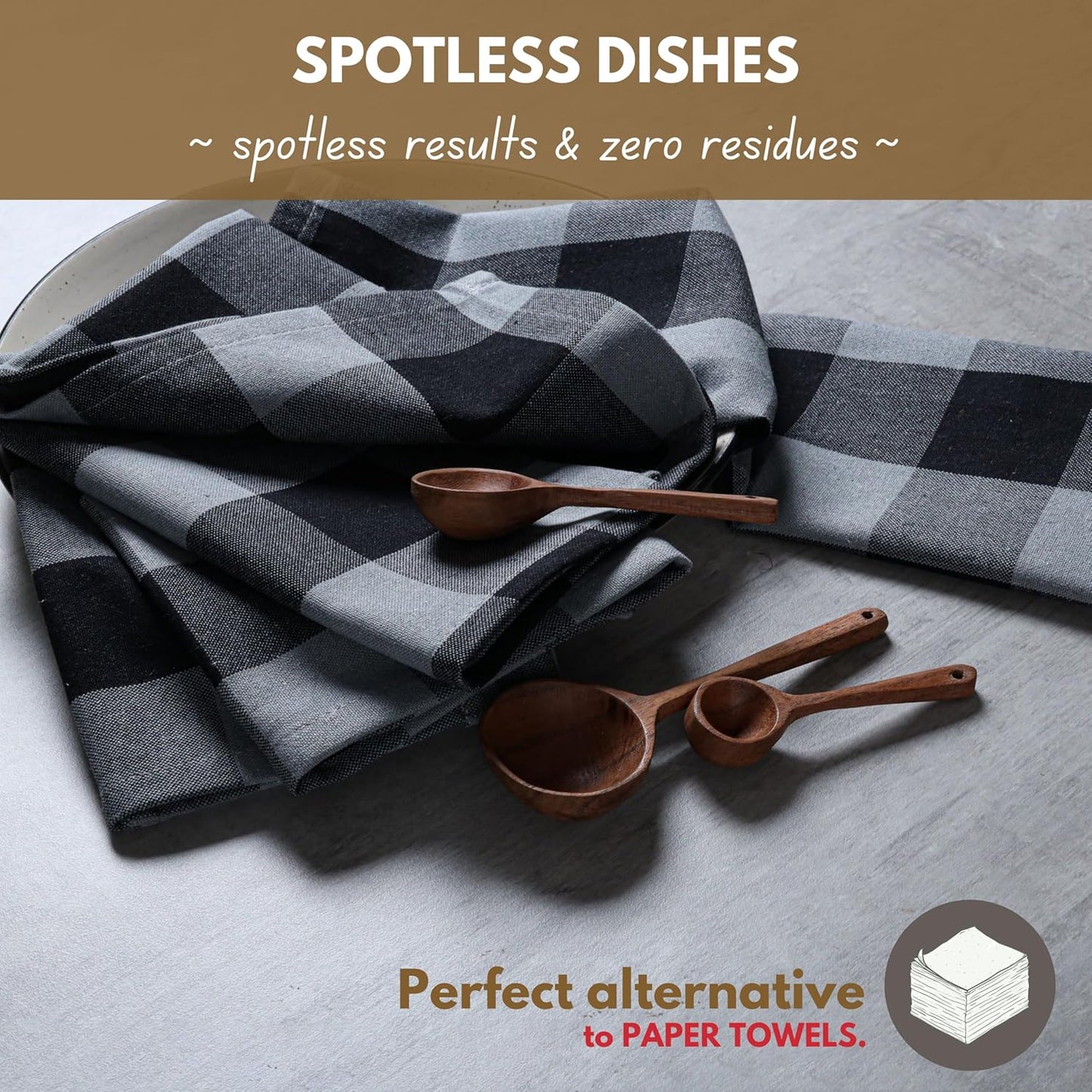 Native Fab 6 Pack Buffalo Check Kitchen Dish Towels, Cotton, Durable, Washable 16"x26" - Tea Towel, Soft Absorbent Cleaning Towels, Hand Towel with Hanging Loop - Black, Grey