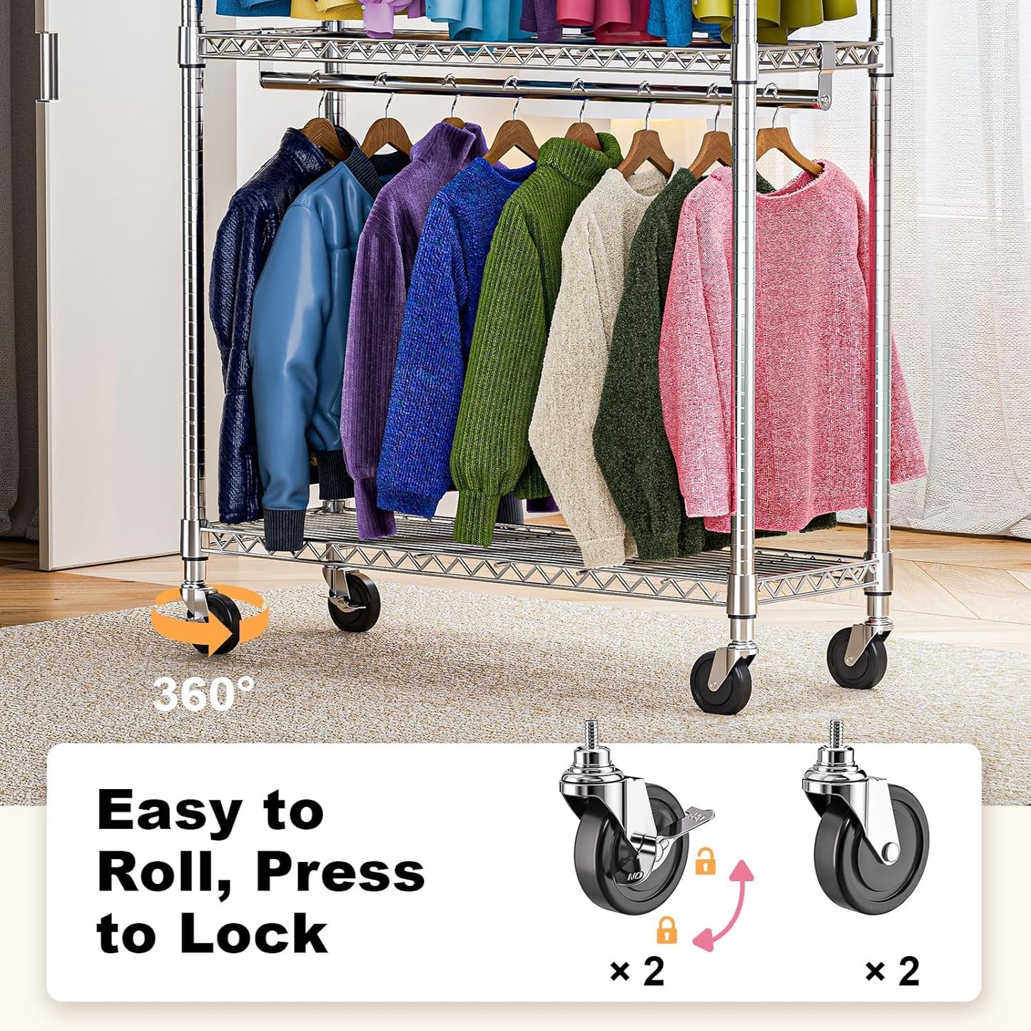 Heavy Duty Rolling Garment Rack 3 Tiers Adjustable Wire Shelving Clothes Rack with 2 Rods and Side Hooks,Storage Closet Clothing Rack with Wheels Chrome 15.7" D x 45.3" W x 79.6" H