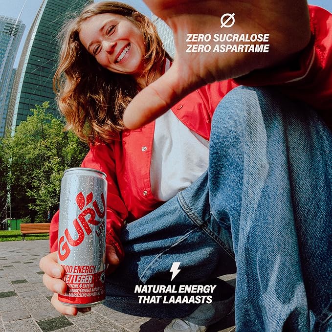 GURU Lite Organic Energy Drinks, Clean Energy Drink with Plant Based Natural Caffeine from Green Tea, Low Calorie, Gluten Free and Vegan, 100MG Caffeine, Healthy Drinks, 8.4oz (Pack of 24)