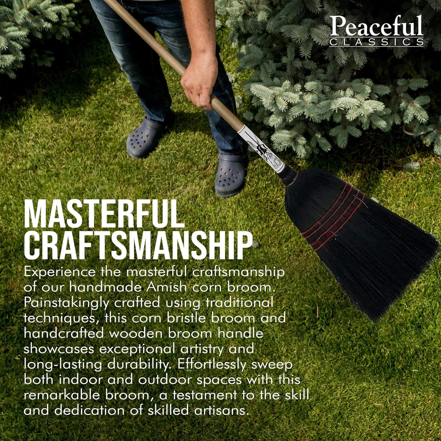 Handmade Amish Corn Broom with Wooden Handle – 57" Heavy Duty Broom for Courtyard, Lobby & Market, 100% Corn Fill Straw Broo'm, 4 Sews Indoor & Outdoor Bristle for Sweeping - Black