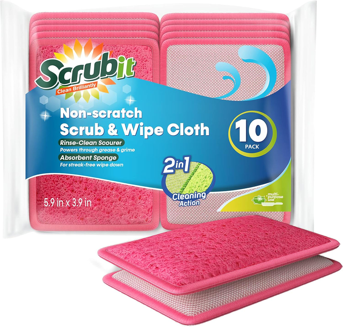 Scrub and Wipe Scrubbing Pads [10 Pack] – SCRUBIT Dual Sided Scouring Pad and Sponge - Reusable Kitchen Scrubbing Sponges for Dishes, Pots, Pans Utensils & Non-Stick Cookware (Pink)