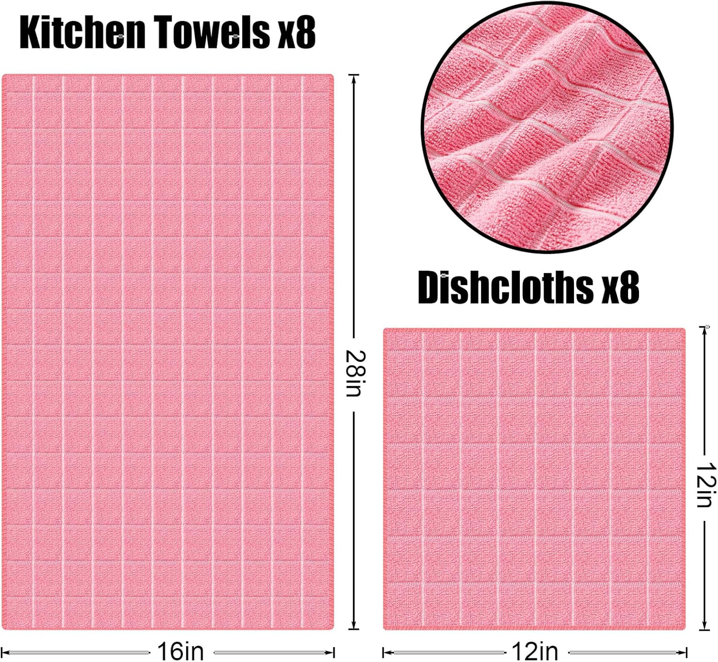 Homaxy Microfiber Kitchen Towels and Dishcloths Set, 12 Pack Soft and Absorbent Dish Hand Towels Bulk, 28 x 16 Inch & 12 x 12 Inch Quick Drying Rags for Washing Dishes, Pink