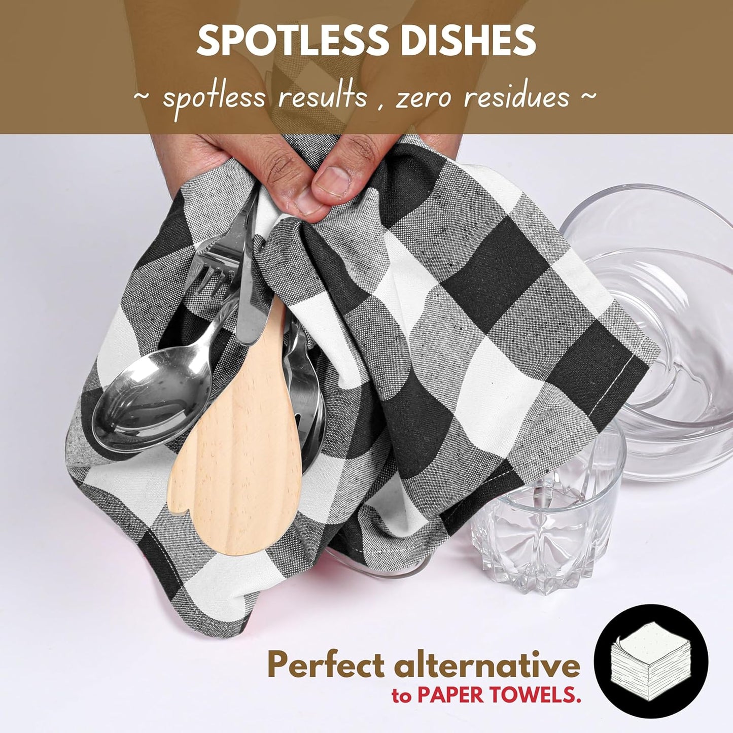 Native Fab 6-Pack Kitchen Towel with Hanging Loop 16x26 inches, Cotton Buffalo Check Kitchen Towels for Cleaning Drying, Washcloths Soft & Absorbent Cloth Rags, Bar Towel, Dish Cloth, Black