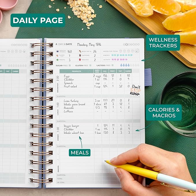 Clever Fox Food Journal Spiral - Daily Food Diary, Meal Prep Planner to Track Calories & Nutrients, Weight Loss Tracker Notebook (Windy Blue)