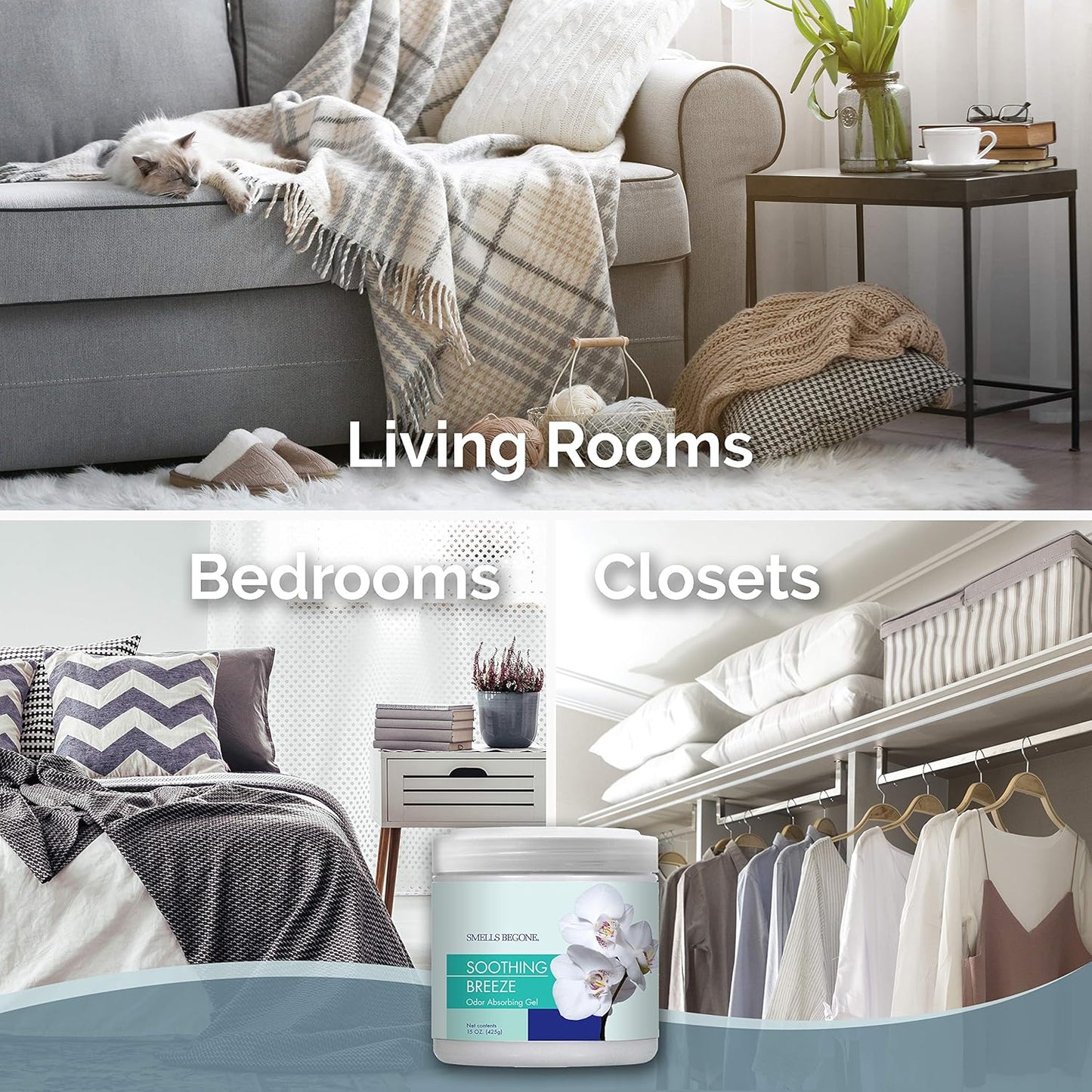 SMELLS BEGONE Air Freshener Odor Absorber Gel - 15 oz, Pack of 2 - Absorbs and Eliminates Odor in Pet Areas, Bathrooms, Cars, & Boats - Made with Essential Oils - Soothing Breeze Scent