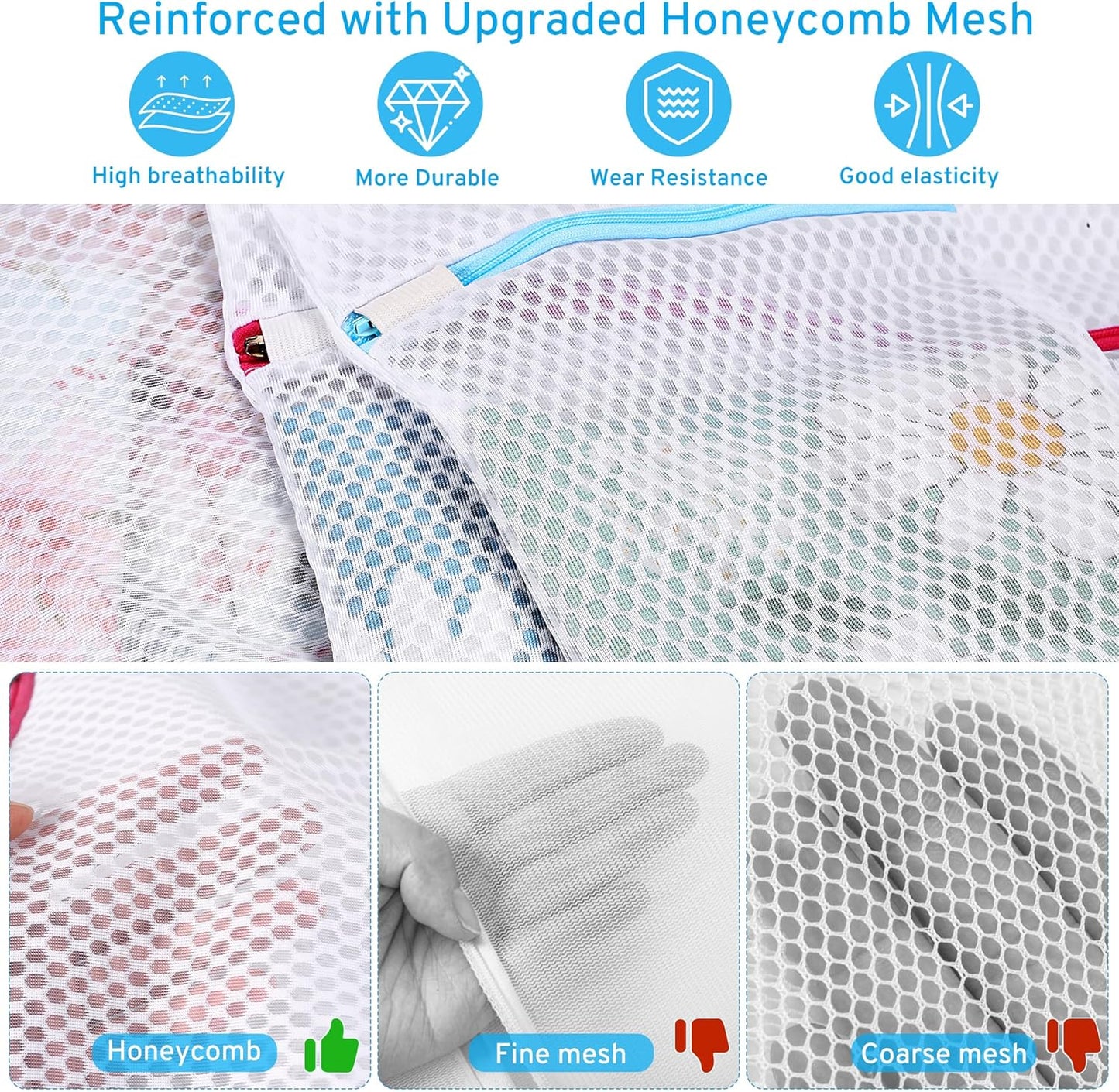 2nd Gen Honeycomb Mesh Laundry Bags for Delicates, Lingerie Bags for Washing Delicates, Travel Storage Organize Bag, Clothing Washing Bags for Blouse, Bra, Hosiery, Underwear and More(3 Pcs, 1L,1M,1S)