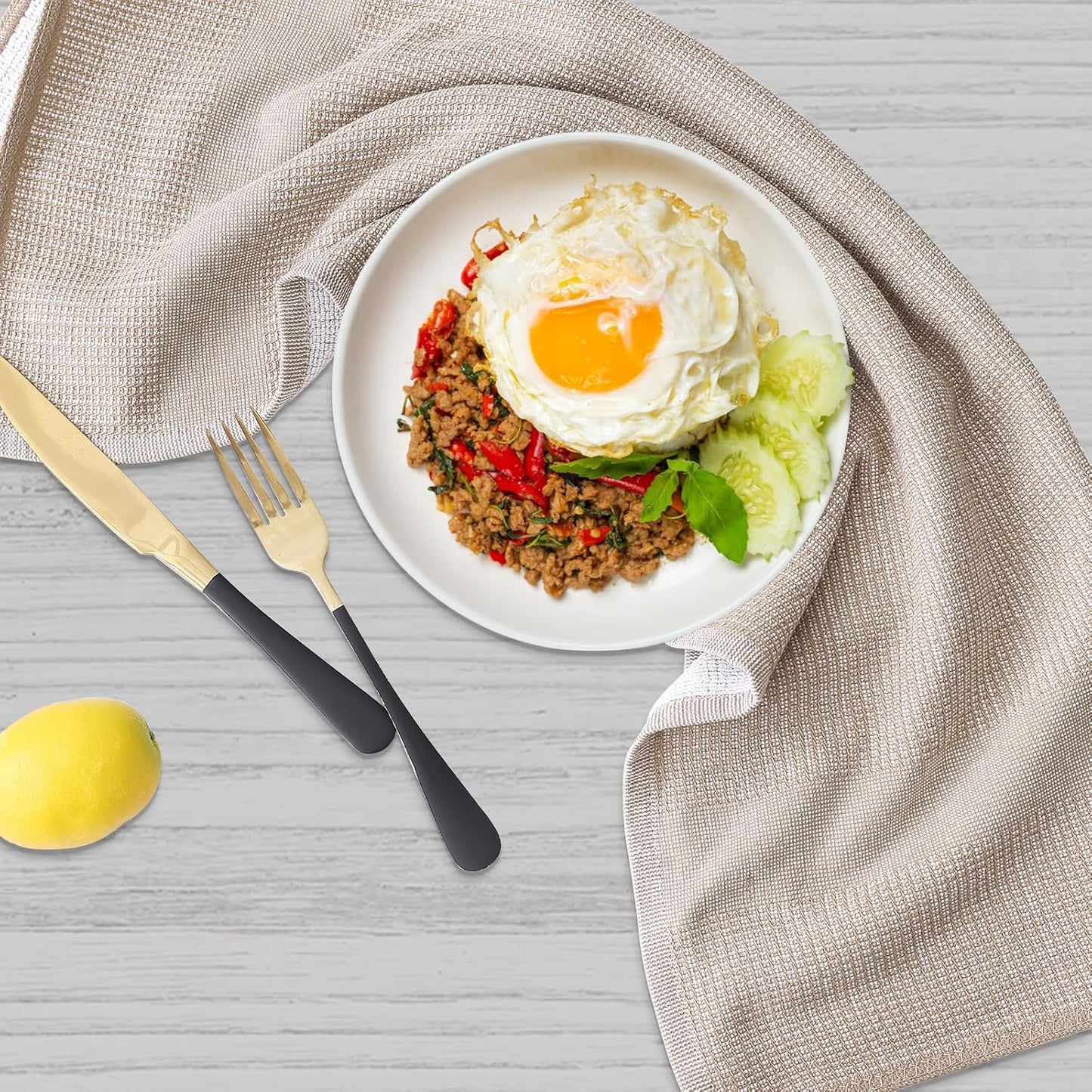 Homaxy Premium Kitchen Towels(18”x 28”, 6 Pack), Large Cotton Kitchen Hand Towels, Flat and Terry Dish Towels, 380 GSM Highly Absorbent Tea Towel Set with Hanging Loop, Khaki