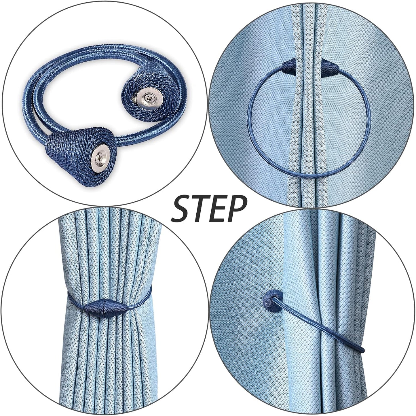 2 PCS Magnetic Curtain Tiebacks, European Style Convenient Drape Tie Backs Holdbacks for Thin or Thick Home & Office Window Draperies, No Tools Required-Light Blue