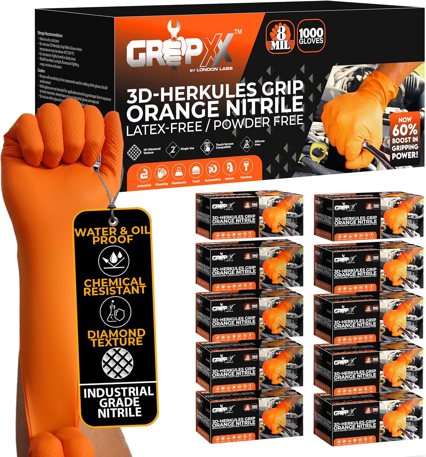 Herkules Grip Heavy Duty 8Mil Orange Nitrile Gloves,3D Raised Diamond Texture-Latex & Powder Free-Industrial, Mechanic