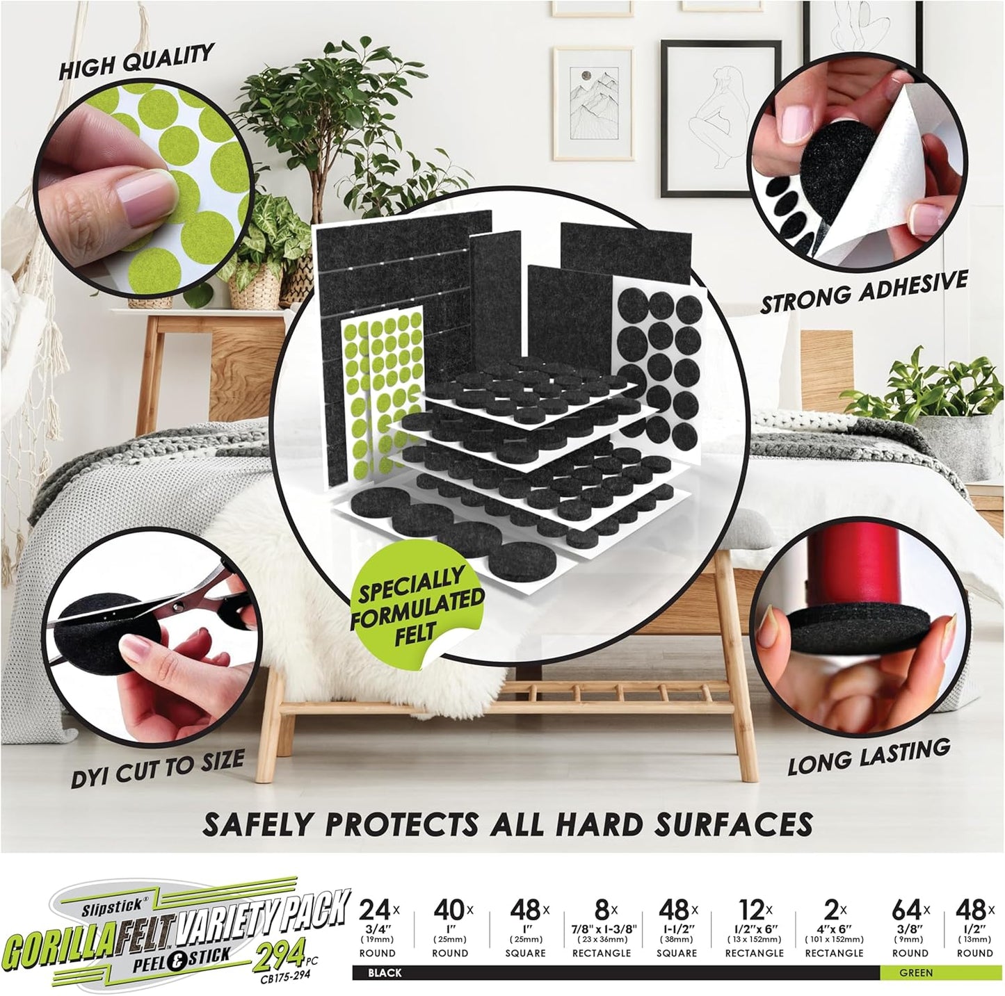 Slipstick Gorilla Felt Furniture Pads (294 Piece Variety Pack) Premium Furniture Pads & Chair Leg Floor Protectors for Hardwood Floors & Hard Surfaces