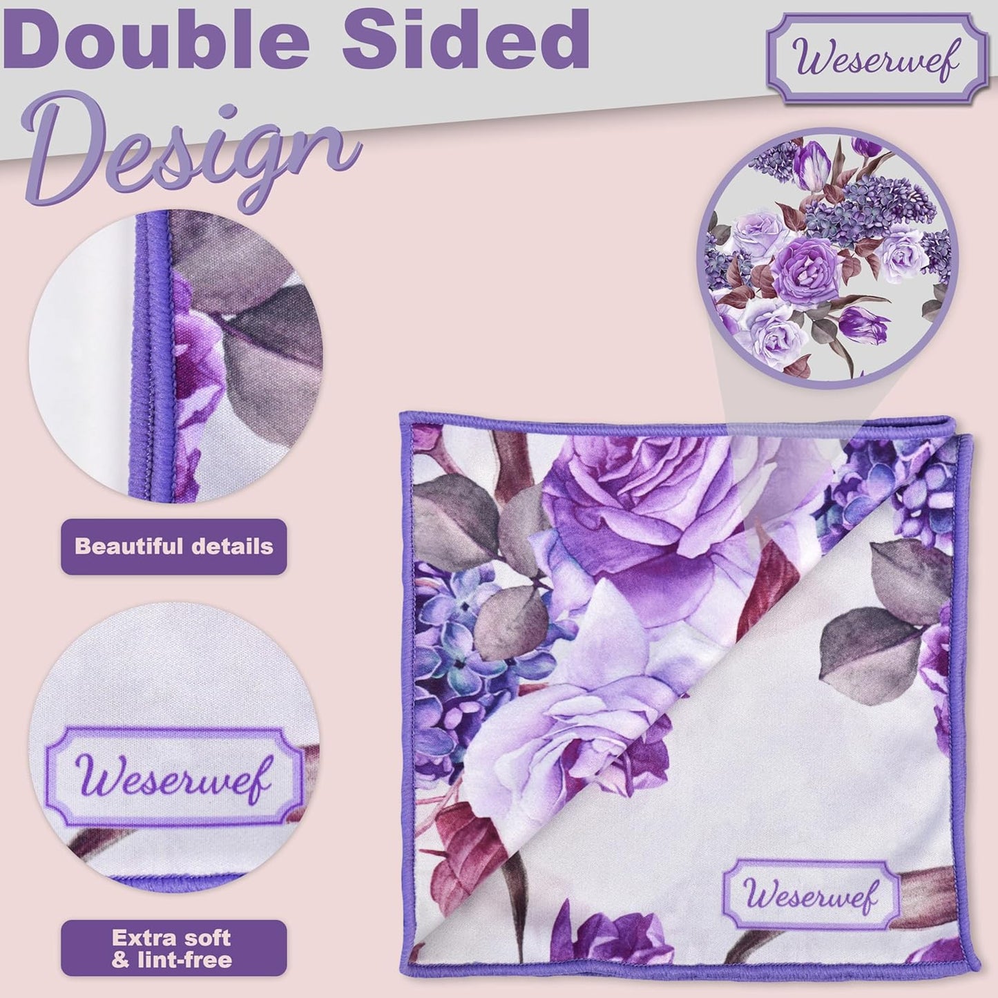 WESERWEF Design Microfiber Glasses Cleaning Cloth – Premium Cleaning Cloth for Eyeglasses, Screens, Tablets, Cameras & Lenses, 12" x 12", Ultra-Soft & Scratch-Free (Rose and Lilac)