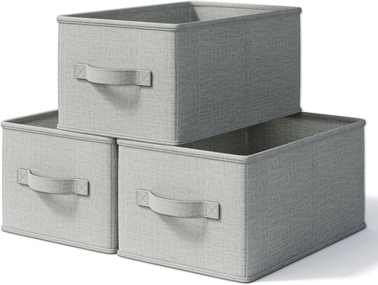 3 Pack Fabric Storage Bins for Shelves | 14.75x10.25x8.25 in Storage Baskets | Fabric Closet Organizers with Handles Home Organization | Linen Clothes Storage Bins | Light Gray