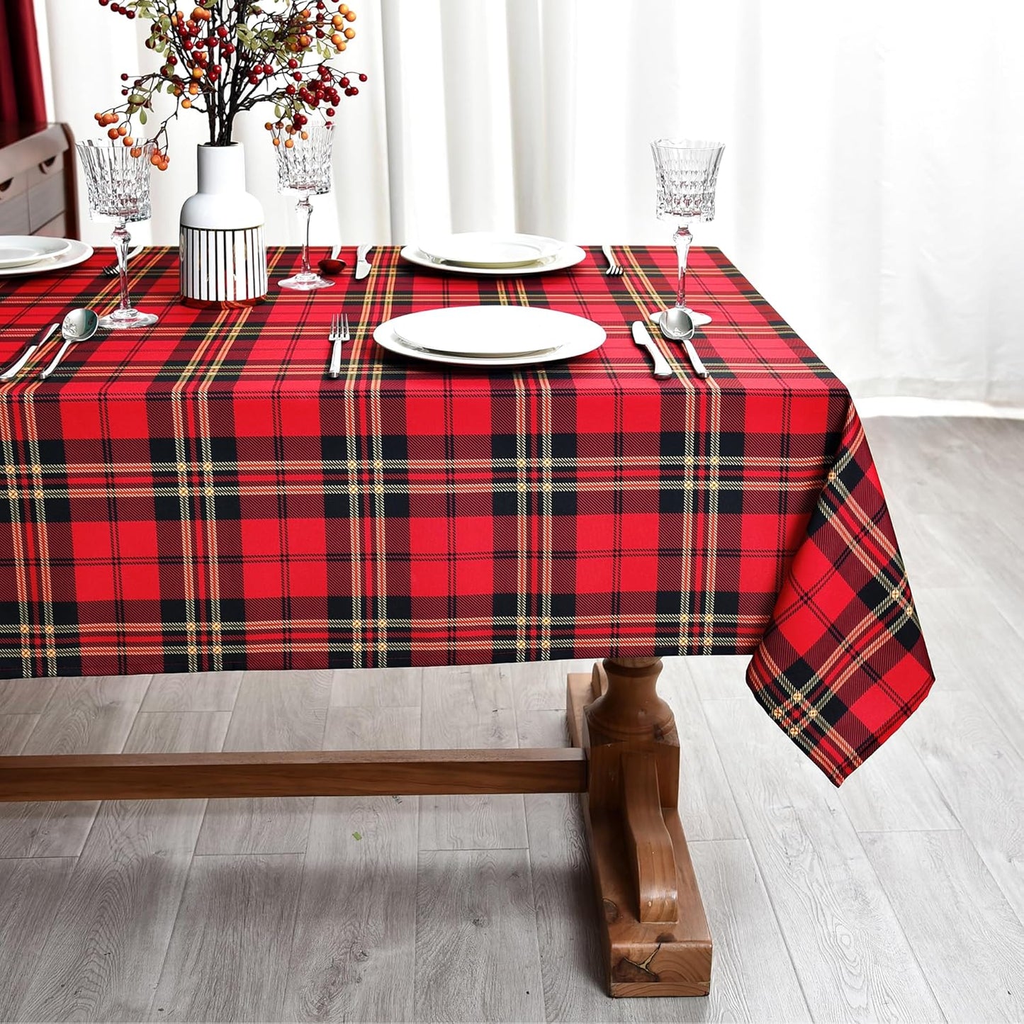 Red Tartan Waterproof Plaid Christmas Tablecloth Fabric - Square 58x58 Inch Classic Gingham Checker Holiday Table Cloth for Indoor Use - Xmas Table Cover for Picnics, BBQs, and Parties